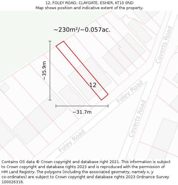 12, FOLEY ROAD, CLAYGATE, ESHER, KT10 0ND: Plot and title map