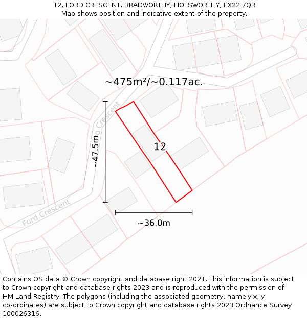 12, FORD CRESCENT, BRADWORTHY, HOLSWORTHY, EX22 7QR: Plot and title map