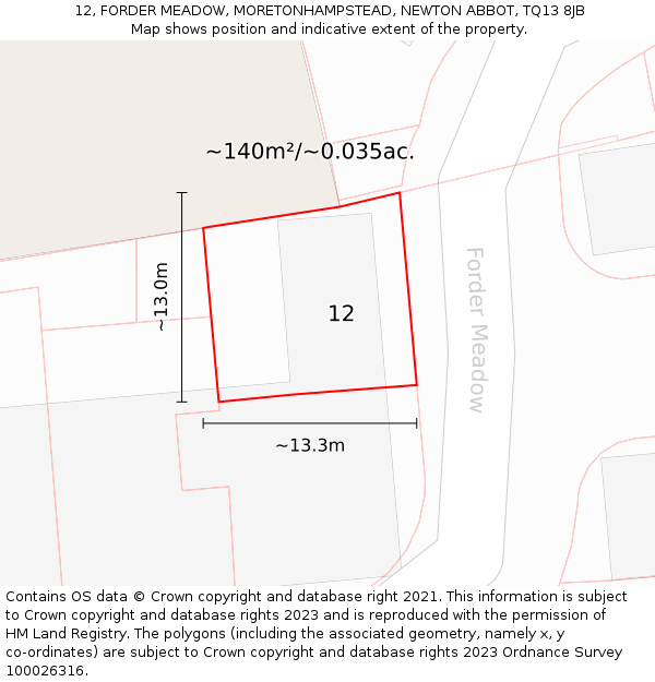 12, FORDER MEADOW, MORETONHAMPSTEAD, NEWTON ABBOT, TQ13 8JB: Plot and title map