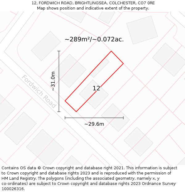 12, FORDWICH ROAD, BRIGHTLINGSEA, COLCHESTER, CO7 0RE: Plot and title map