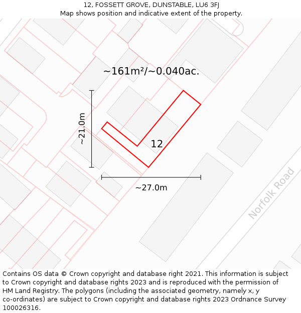 12, FOSSETT GROVE, DUNSTABLE, LU6 3FJ: Plot and title map