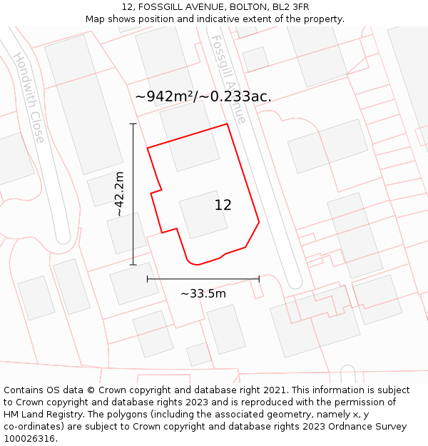 12, FOSSGILL AVENUE, BOLTON, BL2 3FR: Plot and title map