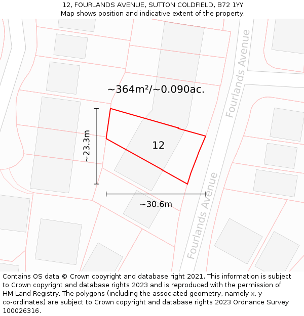 12, FOURLANDS AVENUE, SUTTON COLDFIELD, B72 1YY: Plot and title map