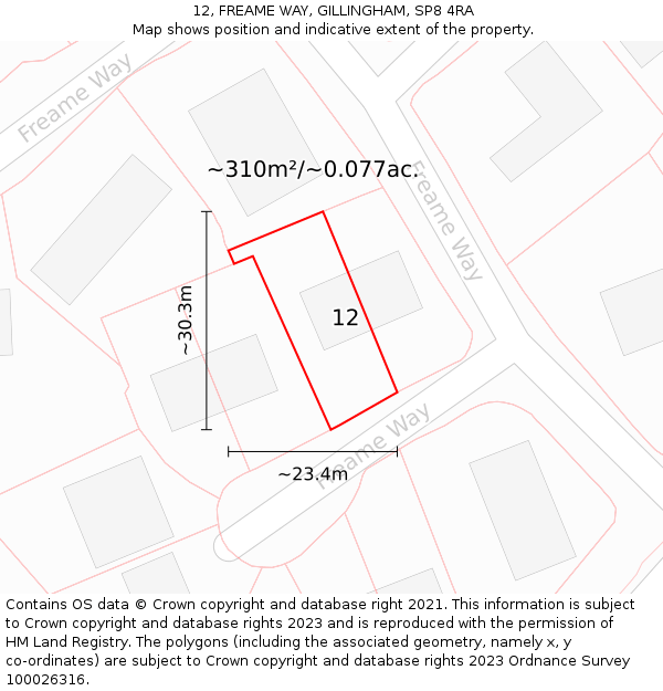 12, FREAME WAY, GILLINGHAM, SP8 4RA: Plot and title map