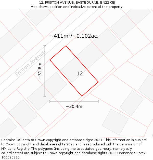 12, FRISTON AVENUE, EASTBOURNE, BN22 0EJ: Plot and title map