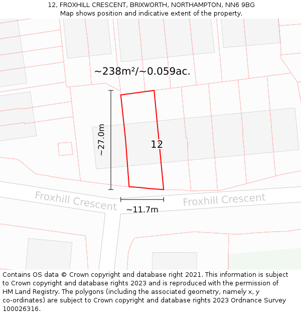 12, FROXHILL CRESCENT, BRIXWORTH, NORTHAMPTON, NN6 9BG: Plot and title map