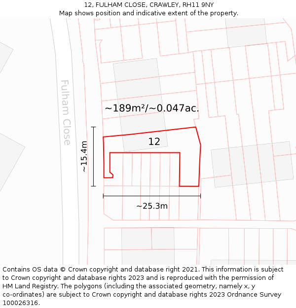 12, FULHAM CLOSE, CRAWLEY, RH11 9NY: Plot and title map