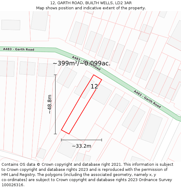 12, GARTH ROAD, BUILTH WELLS, LD2 3AR: Plot and title map