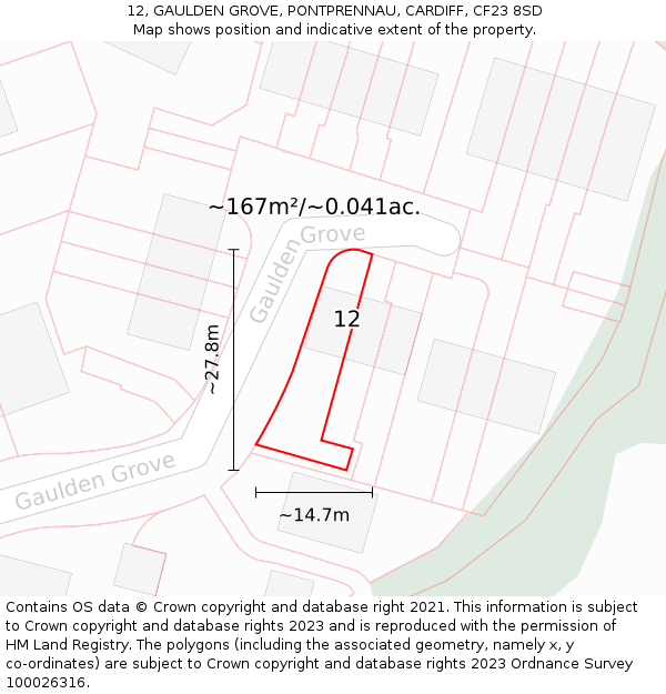 12, GAULDEN GROVE, PONTPRENNAU, CARDIFF, CF23 8SD: Plot and title map