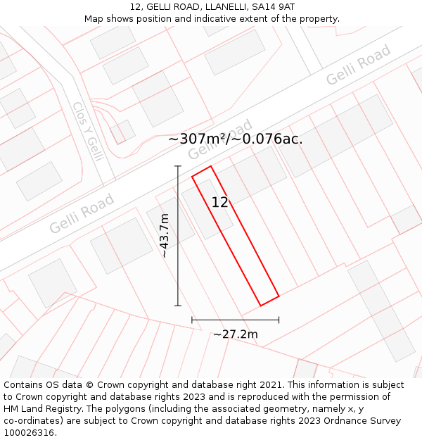 12, GELLI ROAD, LLANELLI, SA14 9AT: Plot and title map