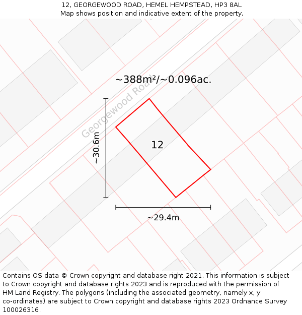 12, GEORGEWOOD ROAD, HEMEL HEMPSTEAD, HP3 8AL: Plot and title map