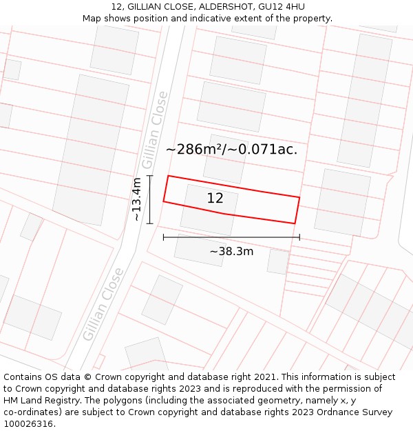 12, GILLIAN CLOSE, ALDERSHOT, GU12 4HU: Plot and title map