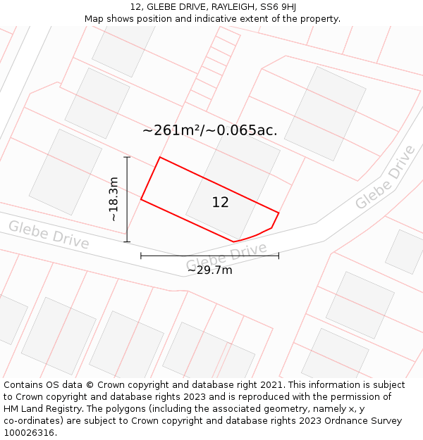 12, GLEBE DRIVE, RAYLEIGH, SS6 9HJ: Plot and title map