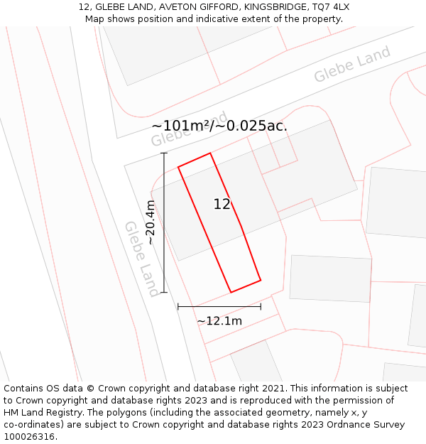 12, GLEBE LAND, AVETON GIFFORD, KINGSBRIDGE, TQ7 4LX: Plot and title map