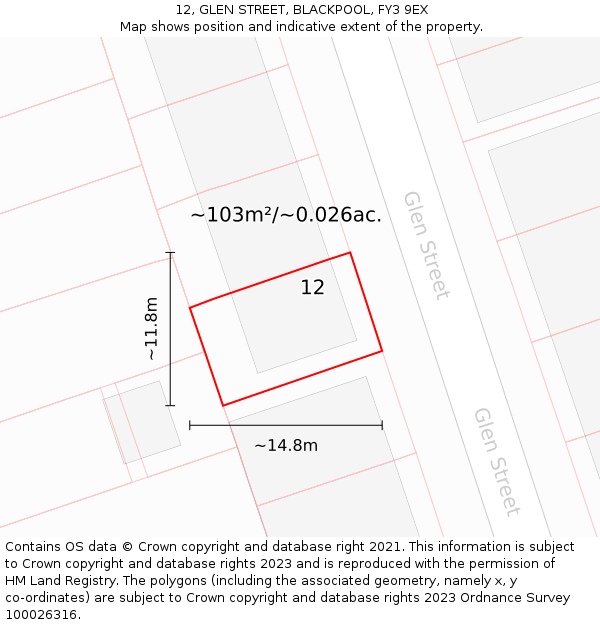 12, GLEN STREET, BLACKPOOL, FY3 9EX: Plot and title map