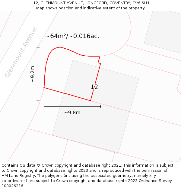 12, GLENMOUNT AVENUE, LONGFORD, COVENTRY, CV6 6LU: Plot and title map