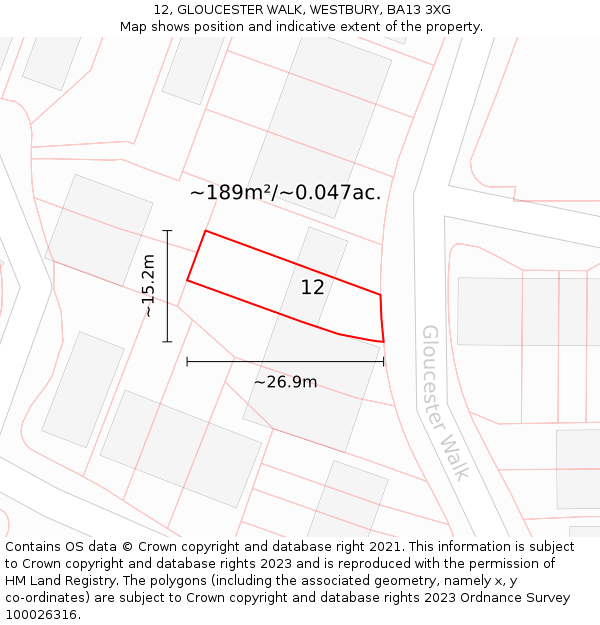 12, GLOUCESTER WALK, WESTBURY, BA13 3XG: Plot and title map