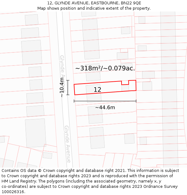 12, GLYNDE AVENUE, EASTBOURNE, BN22 9QE: Plot and title map