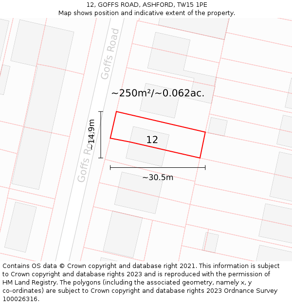 12, GOFFS ROAD, ASHFORD, TW15 1PE: Plot and title map