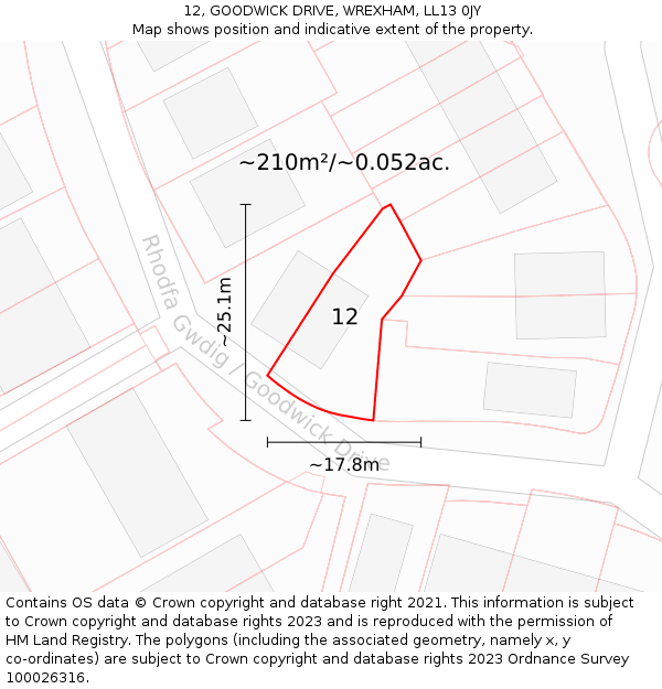 12, GOODWICK DRIVE, WREXHAM, LL13 0JY: Plot and title map