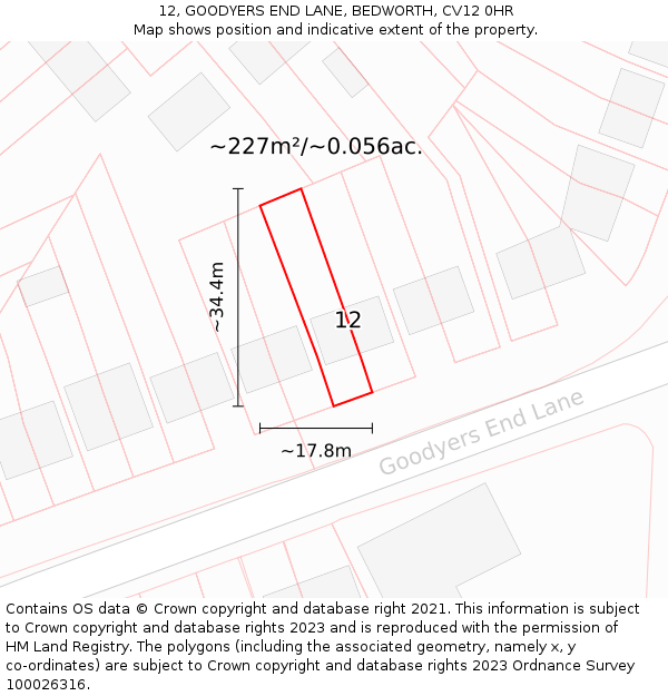 12, GOODYERS END LANE, BEDWORTH, CV12 0HR: Plot and title map