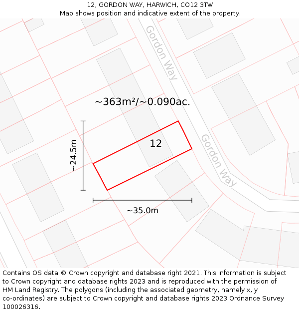 12, GORDON WAY, HARWICH, CO12 3TW: Plot and title map