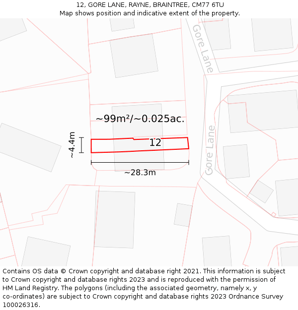 12, GORE LANE, RAYNE, BRAINTREE, CM77 6TU: Plot and title map