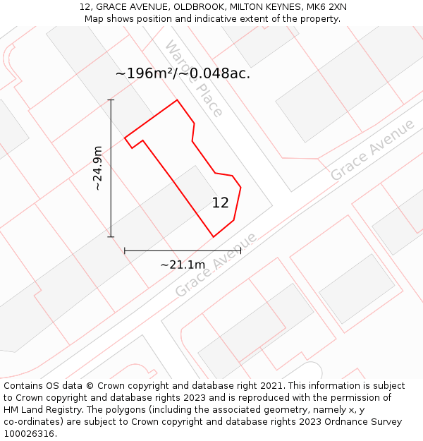 12, GRACE AVENUE, OLDBROOK, MILTON KEYNES, MK6 2XN: Plot and title map