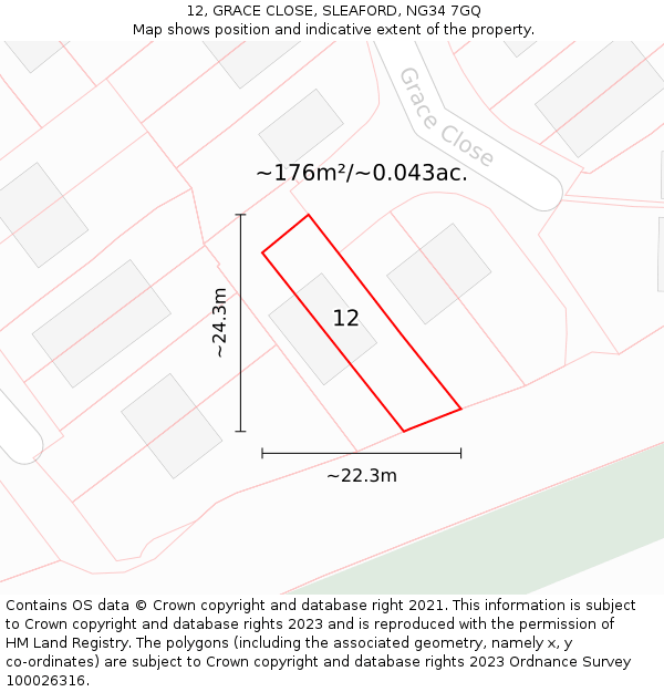 12, GRACE CLOSE, SLEAFORD, NG34 7GQ: Plot and title map