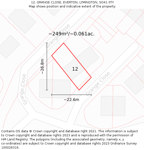 12, GRANGE CLOSE, EVERTON, LYMINGTON, SO41 0TY: Plot and title map