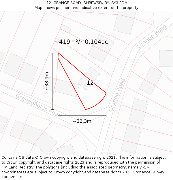 12, GRANGE ROAD, SHREWSBURY, SY3 9DA: Plot and title map