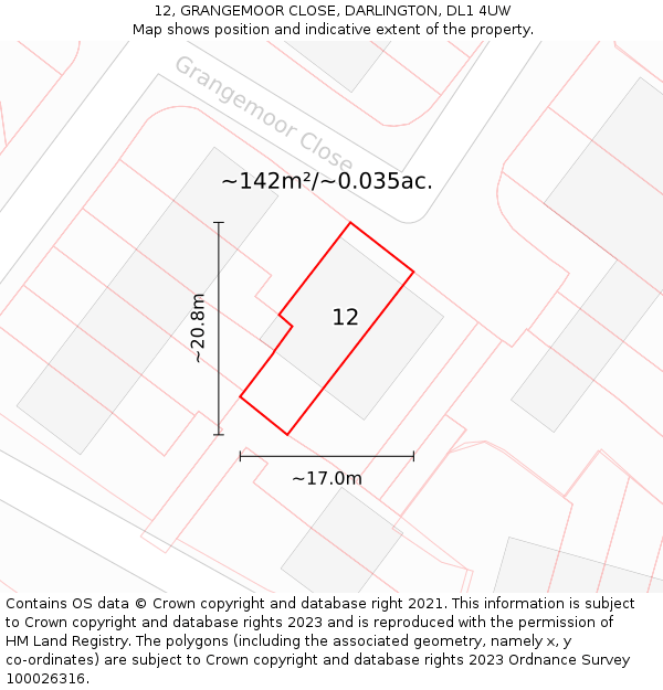 12, GRANGEMOOR CLOSE, DARLINGTON, DL1 4UW: Plot and title map