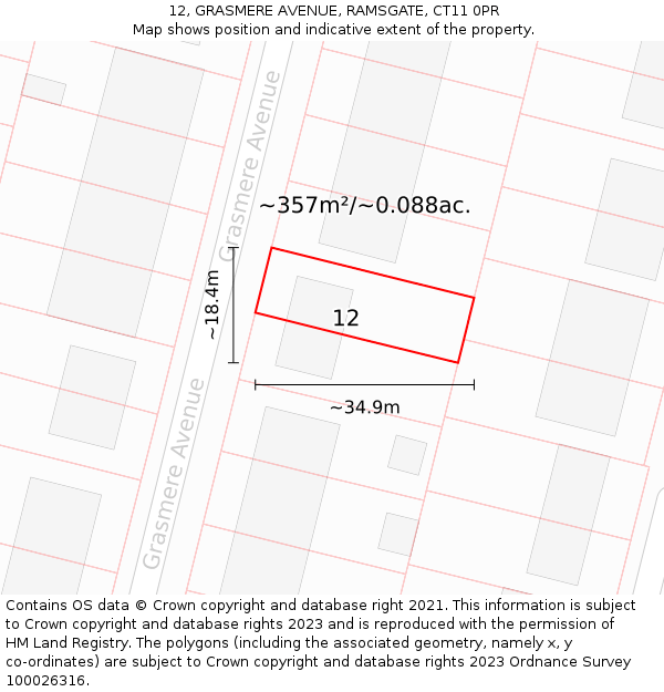 12, GRASMERE AVENUE, RAMSGATE, CT11 0PR: Plot and title map