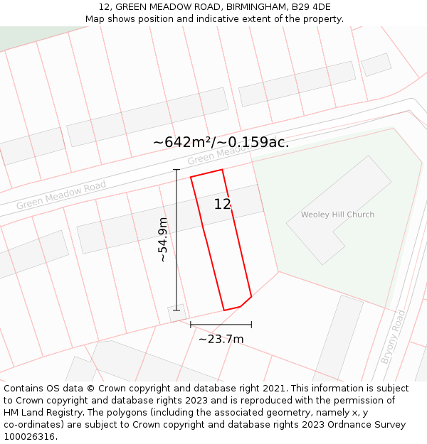 12, GREEN MEADOW ROAD, BIRMINGHAM, B29 4DE: Plot and title map