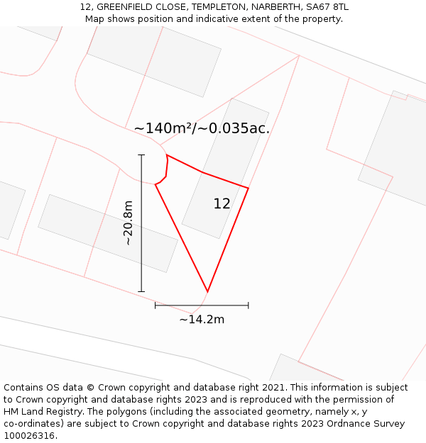 12, GREENFIELD CLOSE, TEMPLETON, NARBERTH, SA67 8TL: Plot and title map