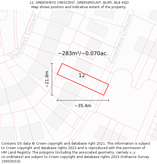 12, GREENHEYS CRESCENT, GREENMOUNT, BURY, BL8 4QD: Plot and title map