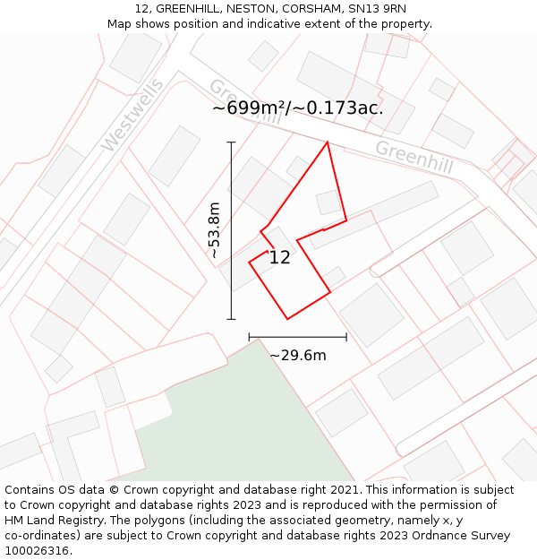 12, GREENHILL, NESTON, CORSHAM, SN13 9RN: Plot and title map