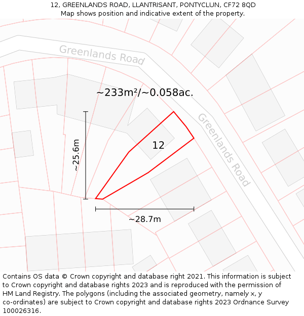 12, GREENLANDS ROAD, LLANTRISANT, PONTYCLUN, CF72 8QD: Plot and title map