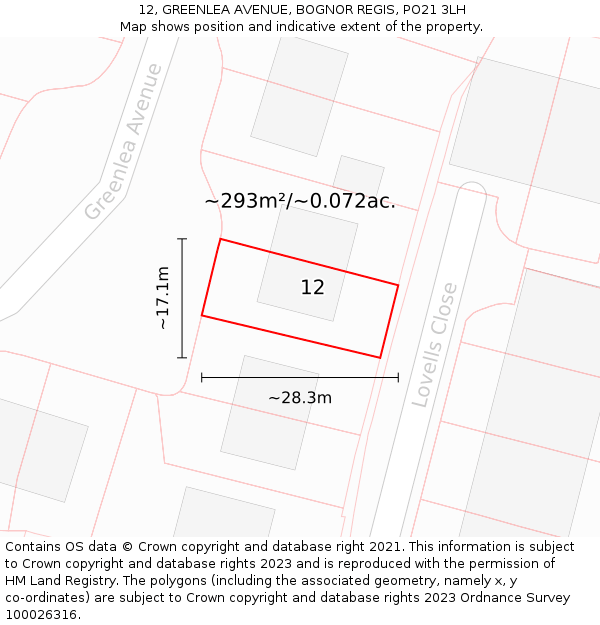 12, GREENLEA AVENUE, BOGNOR REGIS, PO21 3LH: Plot and title map