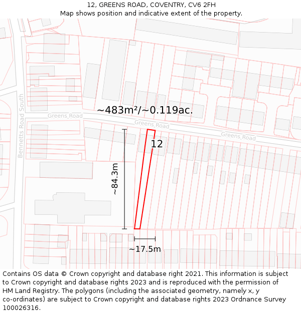 12, GREENS ROAD, COVENTRY, CV6 2FH: Plot and title map