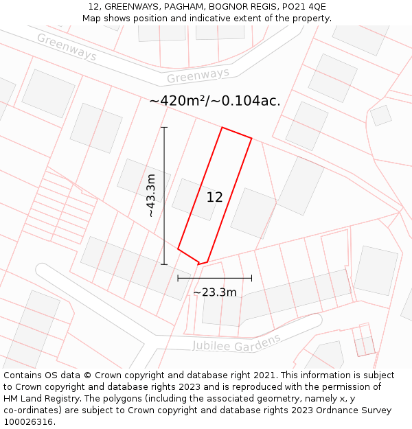 12, GREENWAYS, PAGHAM, BOGNOR REGIS, PO21 4QE: Plot and title map