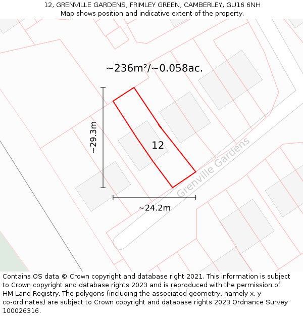 12, GRENVILLE GARDENS, FRIMLEY GREEN, CAMBERLEY, GU16 6NH: Plot and title map