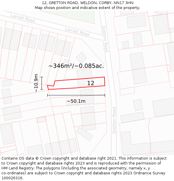 12, GRETTON ROAD, WELDON, CORBY, NN17 3HN: Plot and title map