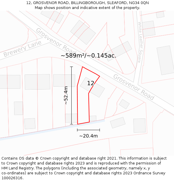 12, GROSVENOR ROAD, BILLINGBOROUGH, SLEAFORD, NG34 0QN: Plot and title map