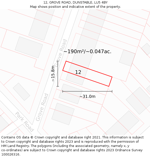 12, GROVE ROAD, DUNSTABLE, LU5 4BY: Plot and title map