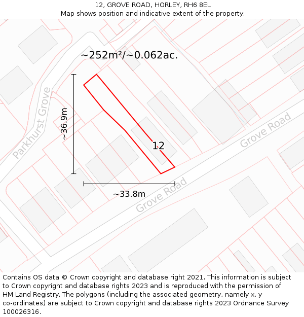 12, GROVE ROAD, HORLEY, RH6 8EL: Plot and title map