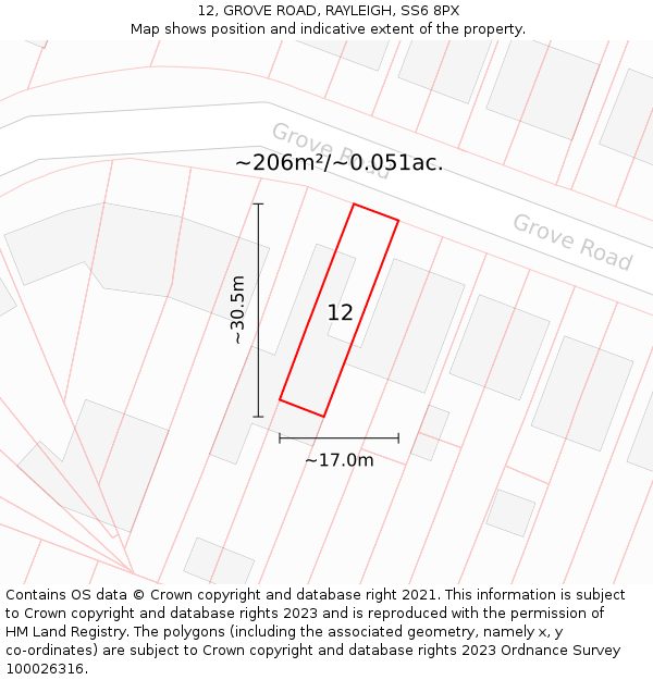 12, GROVE ROAD, RAYLEIGH, SS6 8PX: Plot and title map