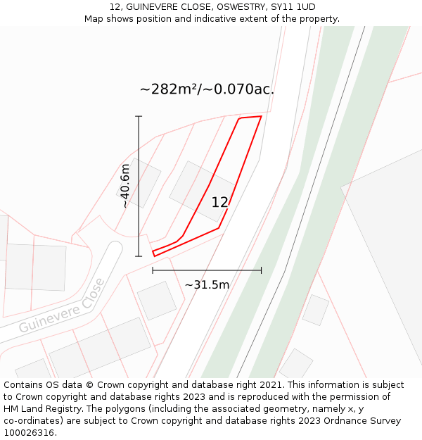 12, GUINEVERE CLOSE, OSWESTRY, SY11 1UD: Plot and title map