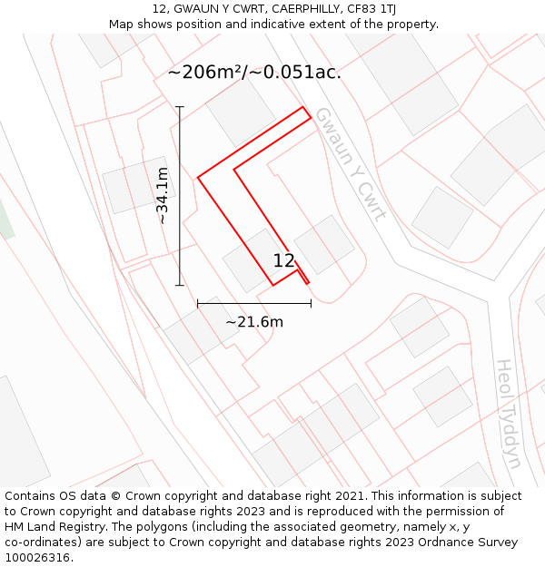 12, GWAUN Y CWRT, CAERPHILLY, CF83 1TJ: Plot and title map