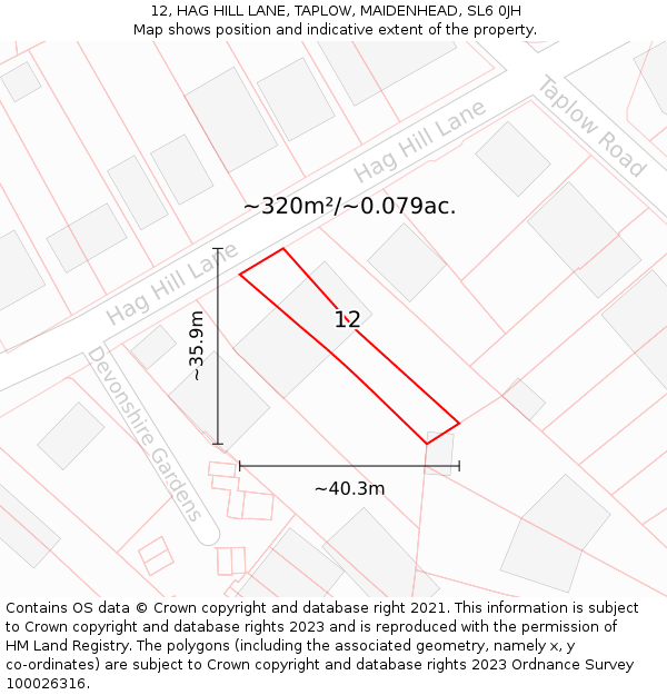 12, HAG HILL LANE, TAPLOW, MAIDENHEAD, SL6 0JH: Plot and title map